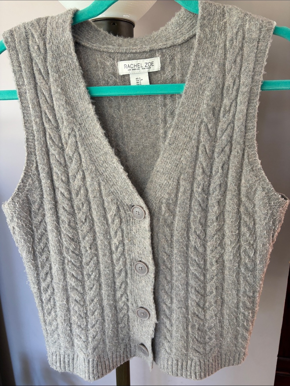 Rachel Zoe Light Gray Cable-Knit V-Neck Button Vest